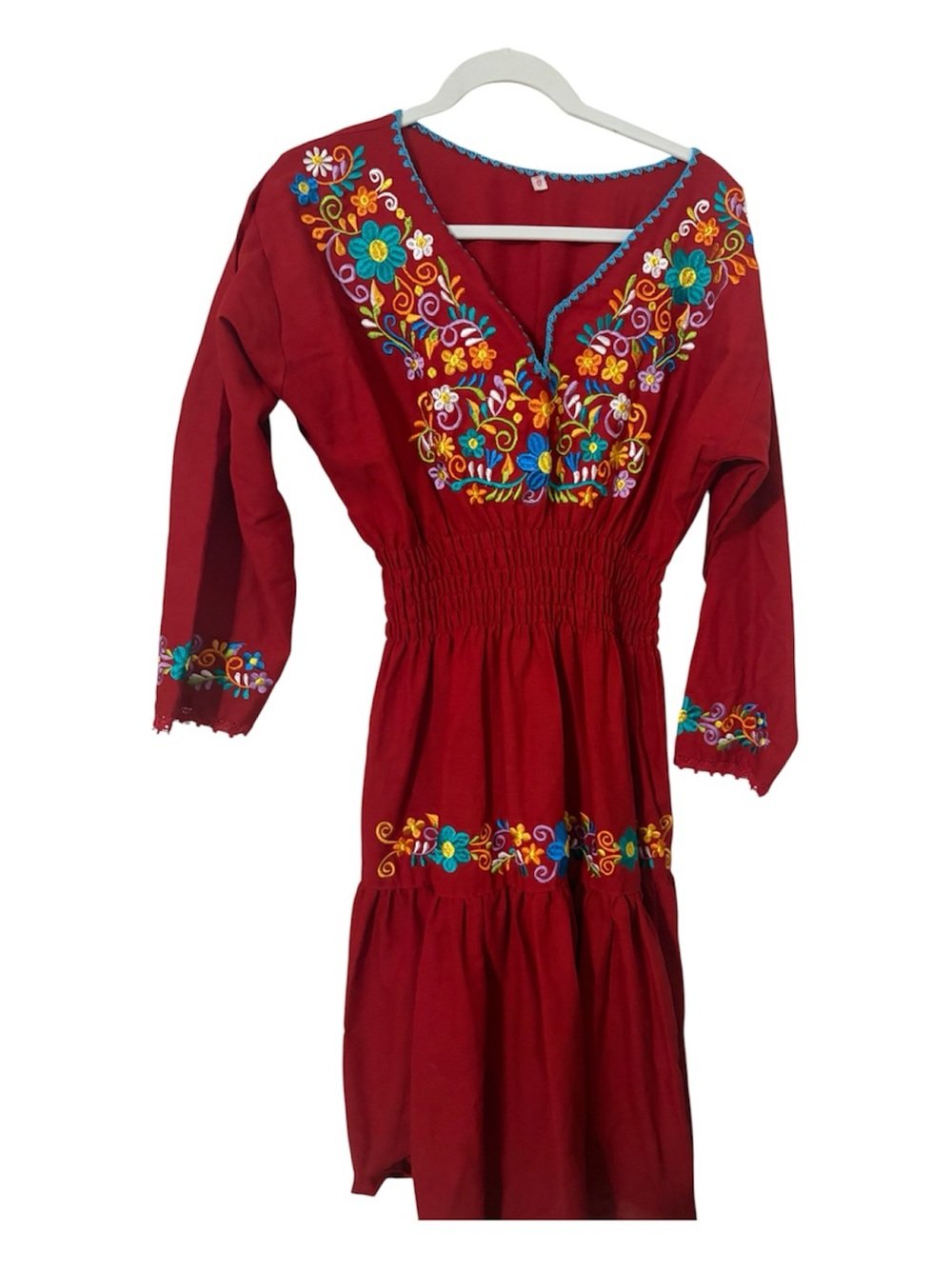 Boho Embroidered V-Neck Tiered Dress in Wine